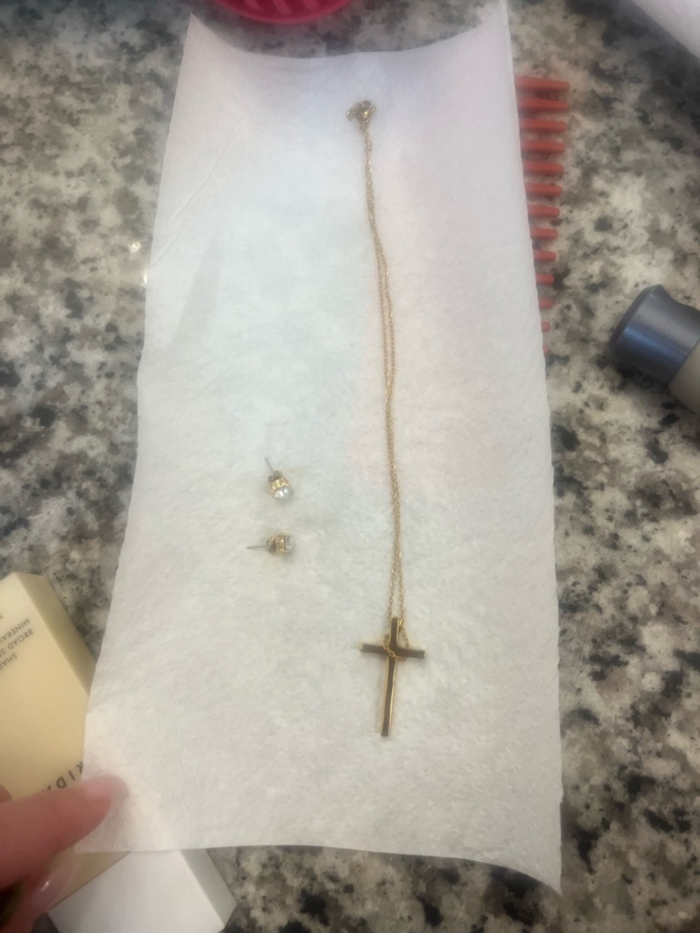 Gold Cross Pendant Necklace with Gold Stud Earrings